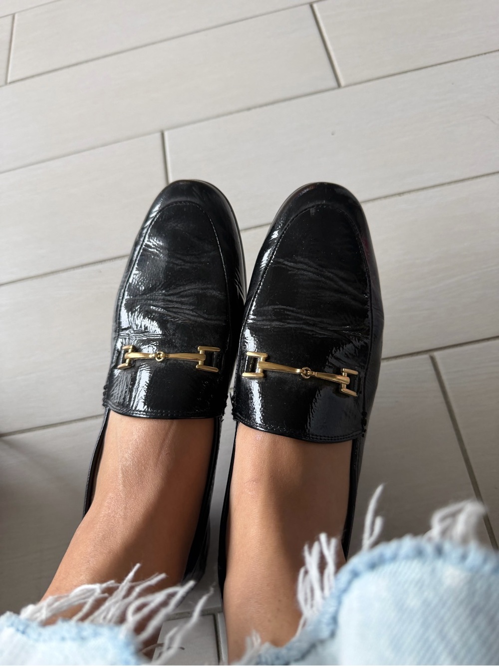 Sam Edelman Black Patent Leather Loafers with Gold Bit